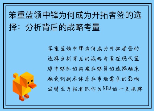 笨重蓝领中锋为何成为开拓者签的选择：分析背后的战略考量