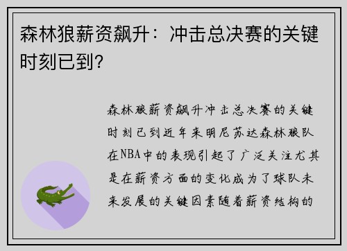 森林狼薪资飙升：冲击总决赛的关键时刻已到？