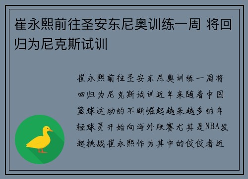 崔永熙前往圣安东尼奥训练一周 将回归为尼克斯试训