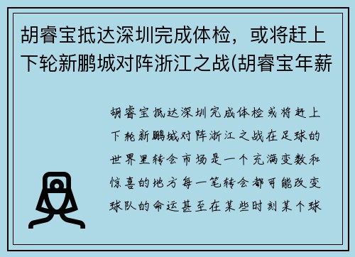 胡睿宝抵达深圳完成体检，或将赶上下轮新鹏城对阵浙江之战(胡睿宝年薪2700万)